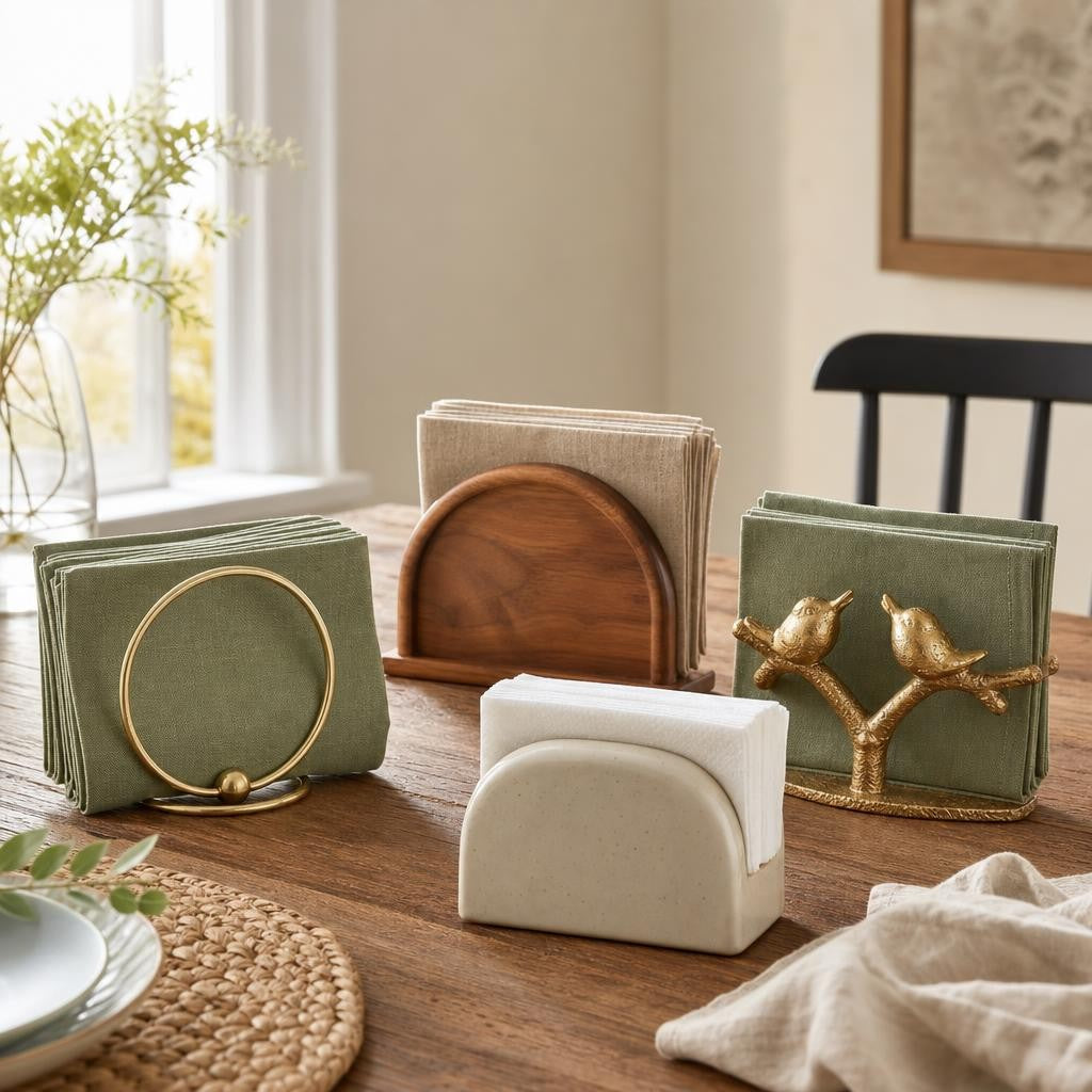 Assorted napkin holders on a wooden dining table with ceramic and wood accents