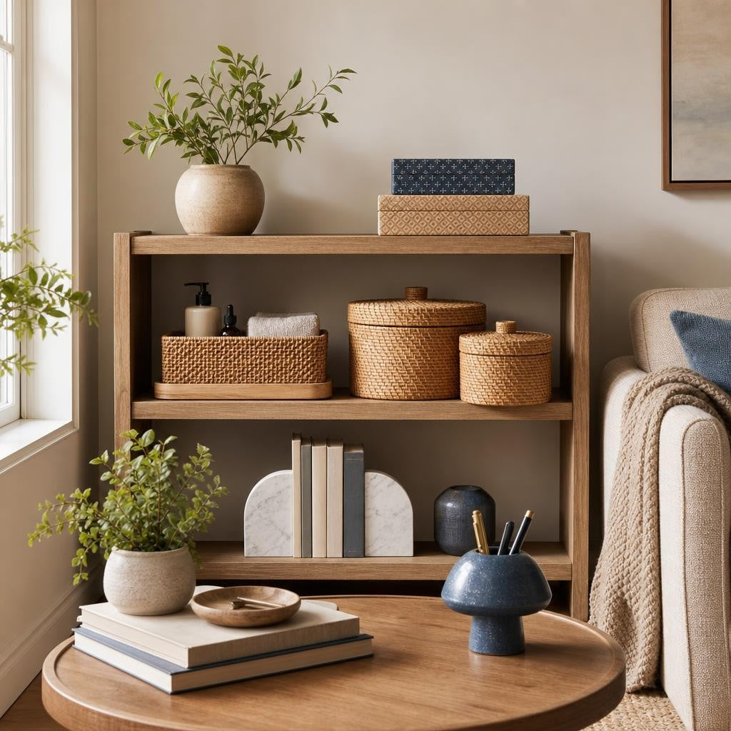 Small-space decor vignette with bookends, woven basket, pen holder, and decorative boxes