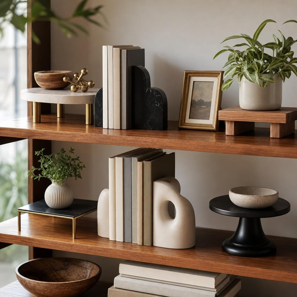 Assorted display stands and bookends on a styled shelf including marble arched bookends, metal people bookends, blue glass bookends, and a wood plant stool