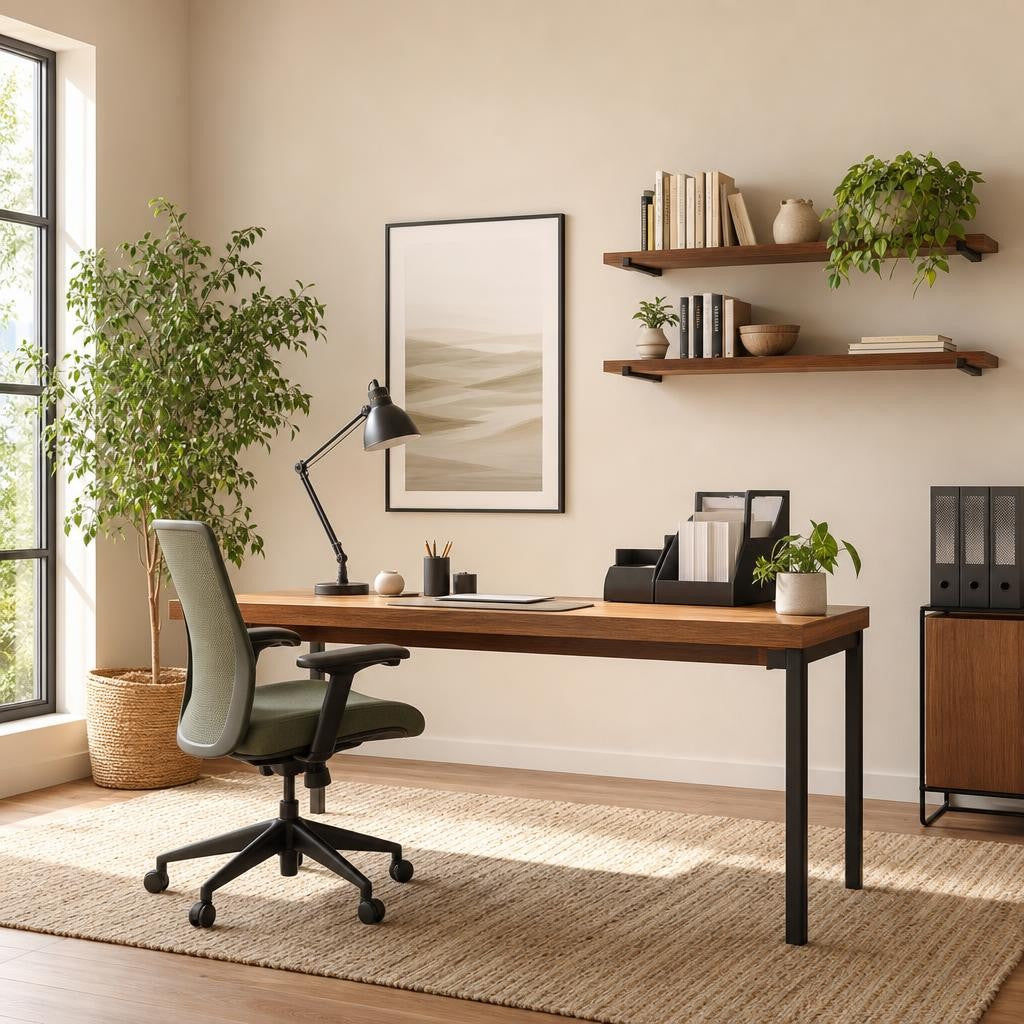 Home office desk with ceramic pen holder, woven baskets, and decorative bookends