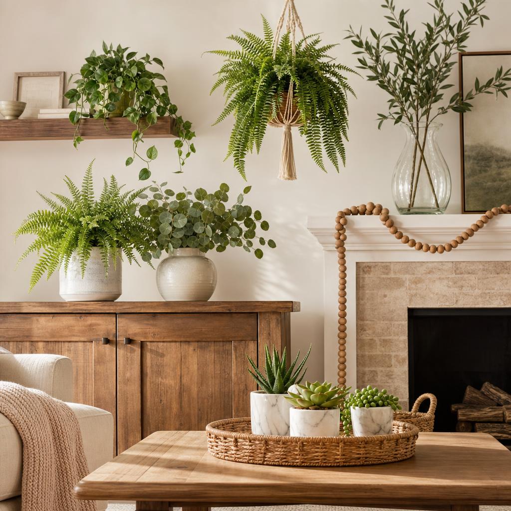 Assorted faux greenery vignette with pampas grass, matte white ceramic potted plant, wooden bead garland, and woven basket on a shelf.