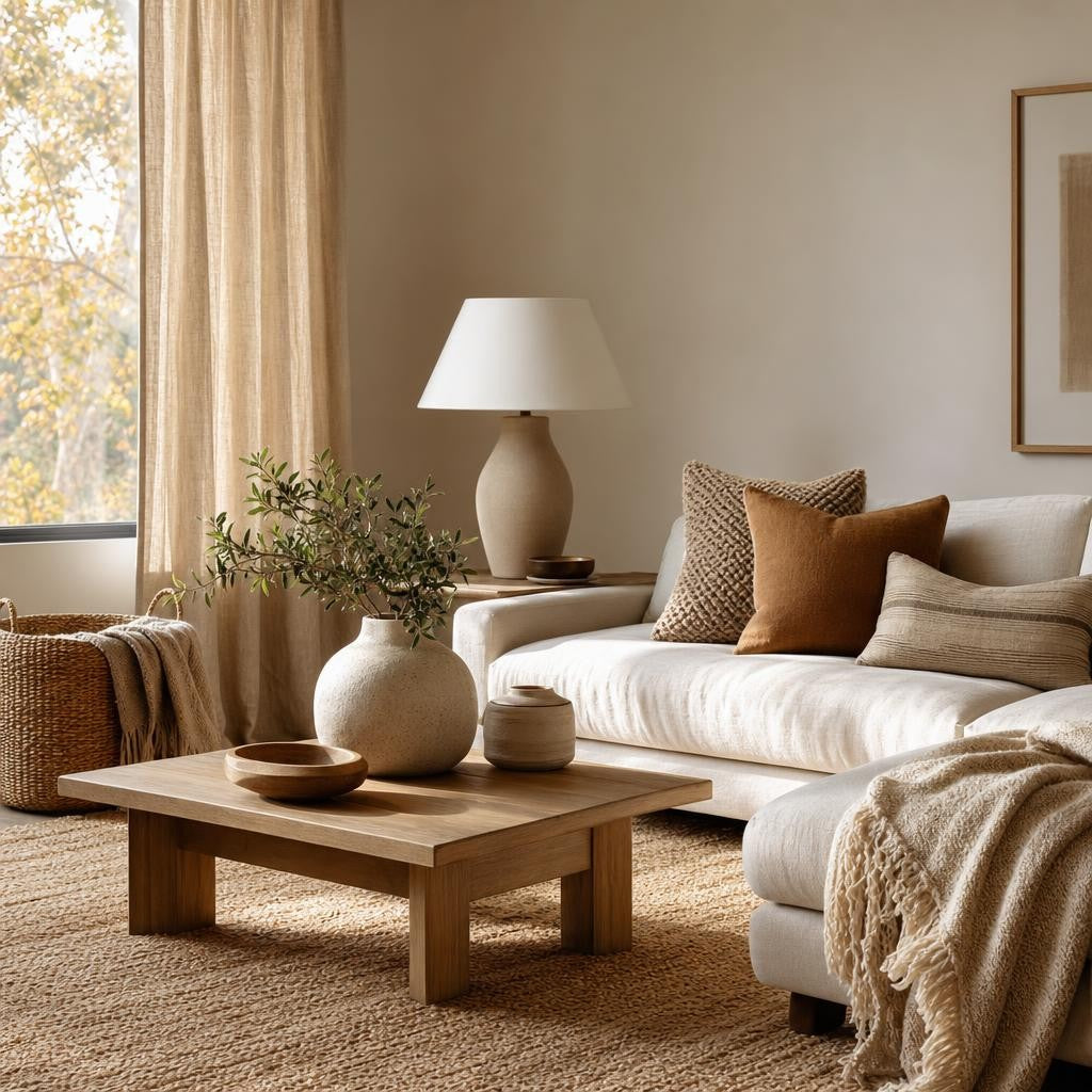 Warm neutral vignette with handwoven basket, matte beige ceramic vase, clear bud vases, cream throw pillow, and pearl bead garland on wooden table