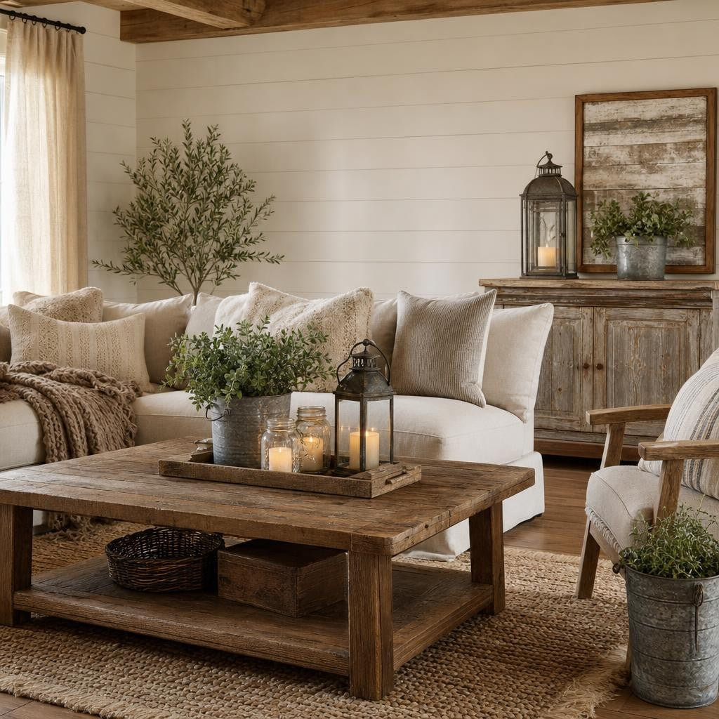 Farmhouse rustic display with wooden pedestals, woven candle holders, storage bin and vintage tissue cover