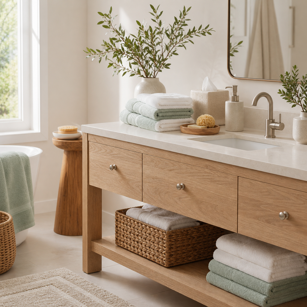 Bright neutral bathroom styled with towels, bath textiles, woven storage and vanity accessories