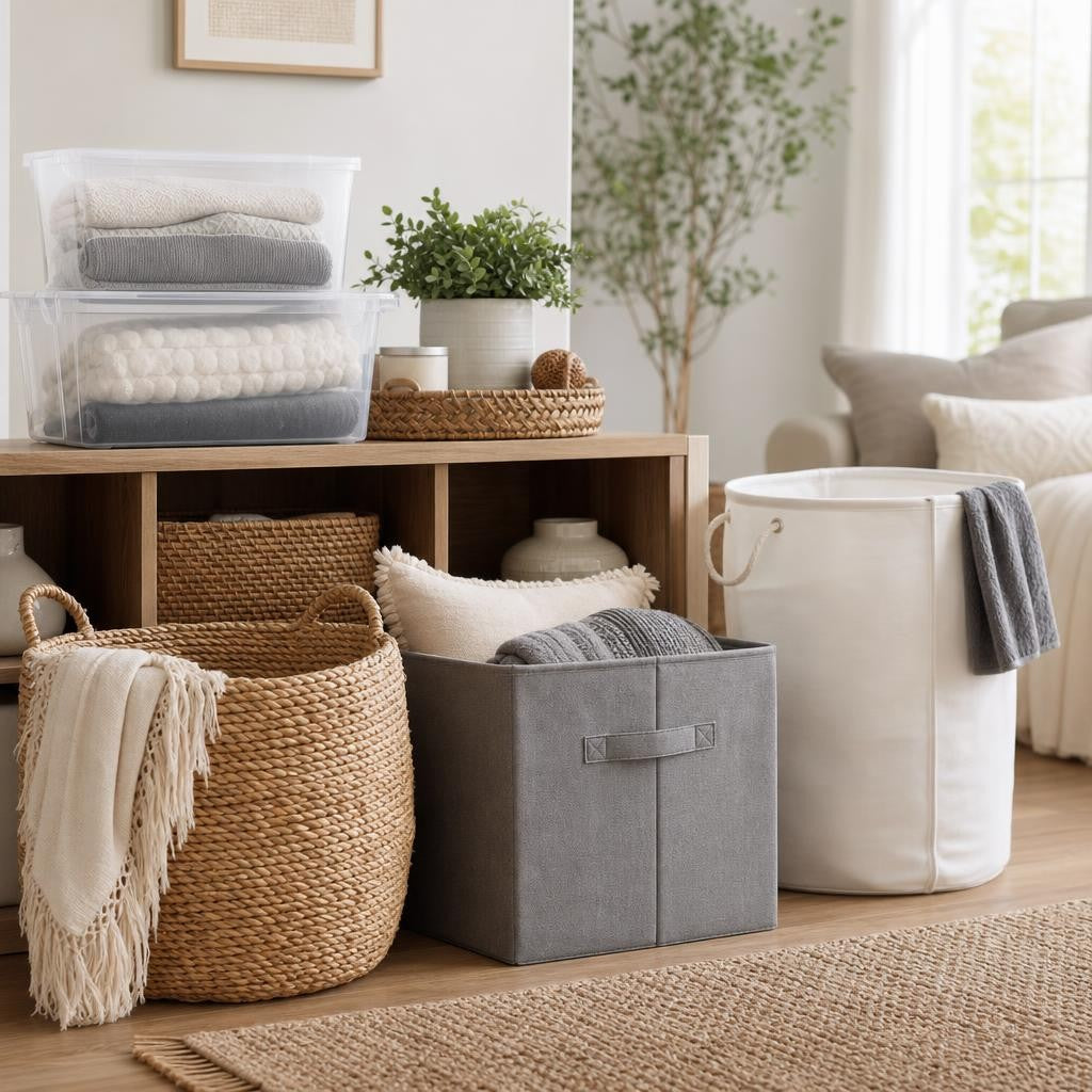 Assorted woven baskets, rattan sets, label bins and decorative trays styled on shelves and a kitchen countertop
