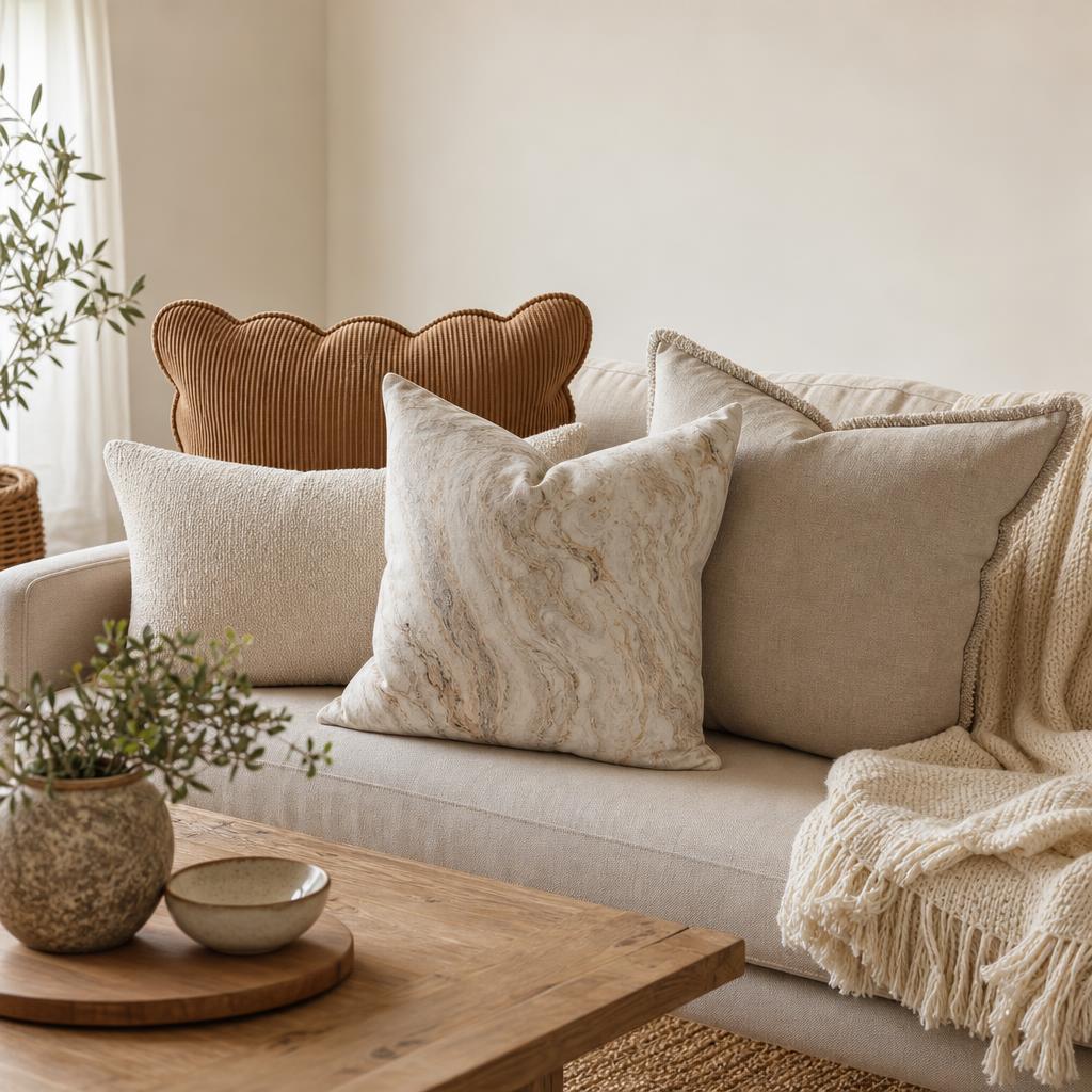 Assorted boucle, chenille, and boho pillow covers on a sofa