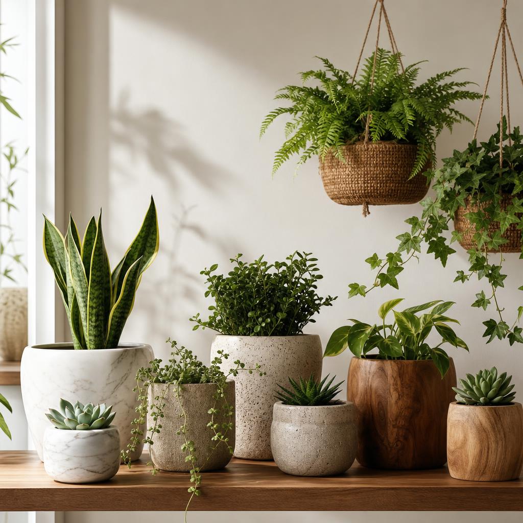 Assorted planters and pots including mushroom-shaped ceramic holder, matte white pot, wood stool plant stand, and green tall planter