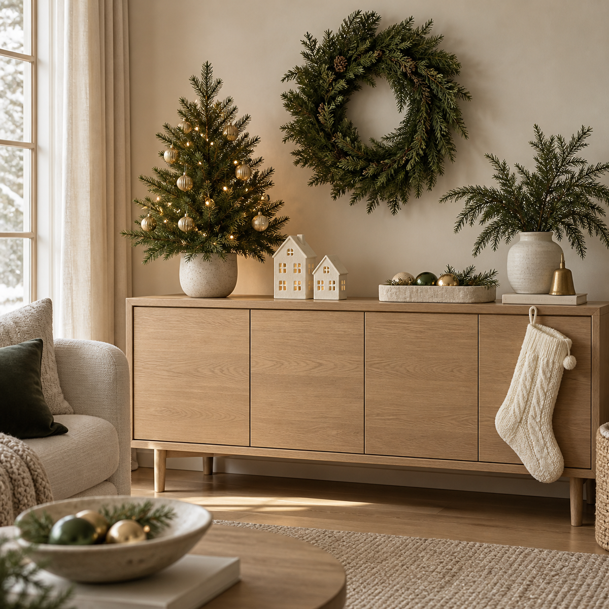 Warm Christmas living room with an evergreen wreath, decorated tabletop tree, ceramic houses and an ivory stocking