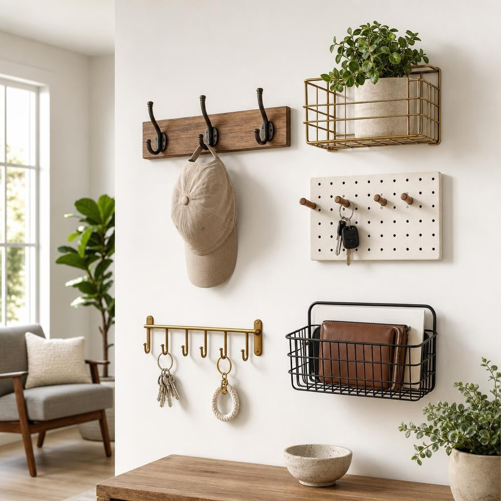 Polished brass hook, woven wall basket, wooden key rack, boho mirror and coconut bowl styled on an entry wall