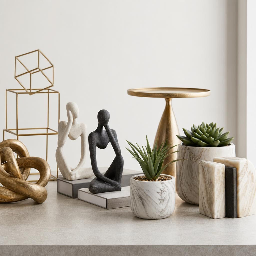 Modern minimal home decor collection with abstract sculptures, faux books, jewelry holder and geometric accents on a neutral shelf
