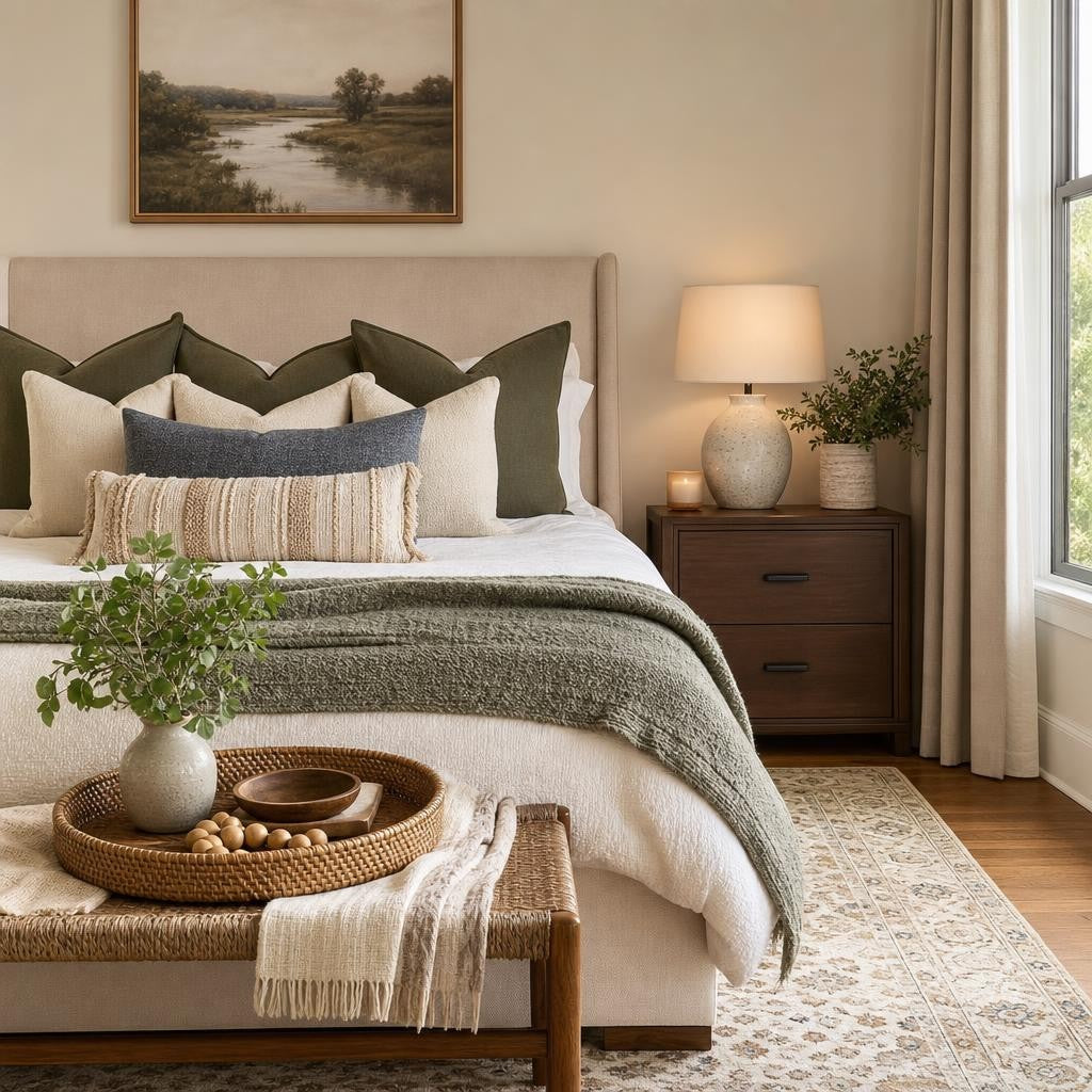 Bedroom vignette with ceramic vases, glass bud vases and boucle pillows on a dresser