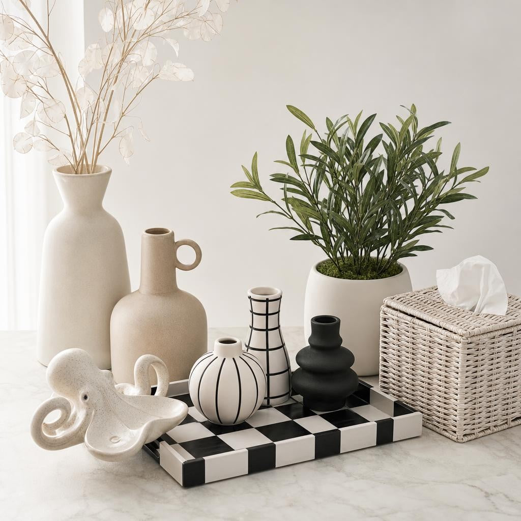 Minimal black and white home decor collection with ceramic vases and serving tray