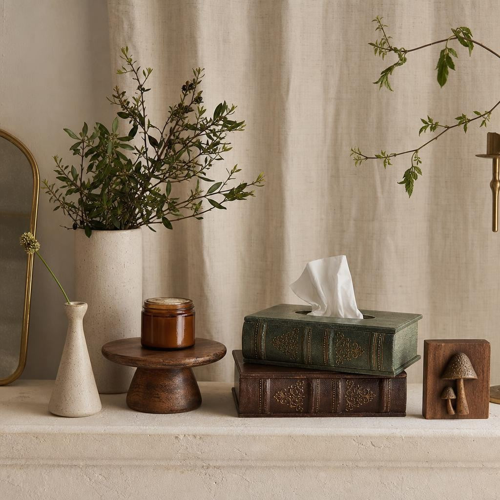 Vintage-inspired decor assortment with ceramic vases, wooden pedestal, tissue box covers and scented jar on a styled shelf