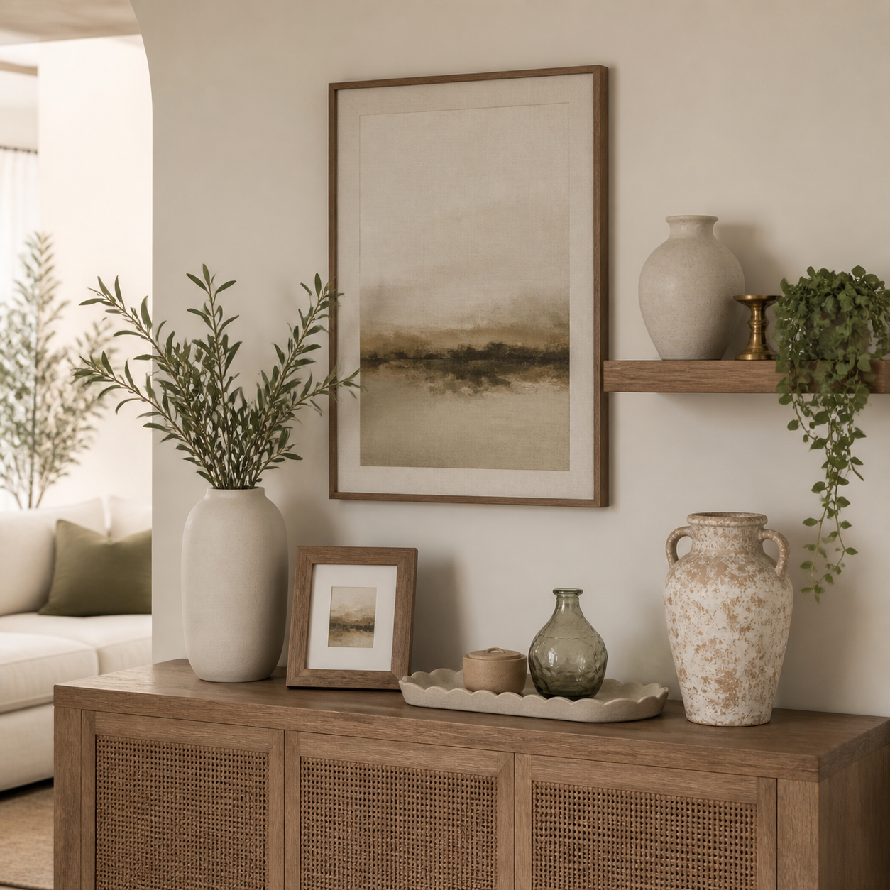 Warm neutral wall and console styled with framed art, ceramic decor, vase and sculptural accents