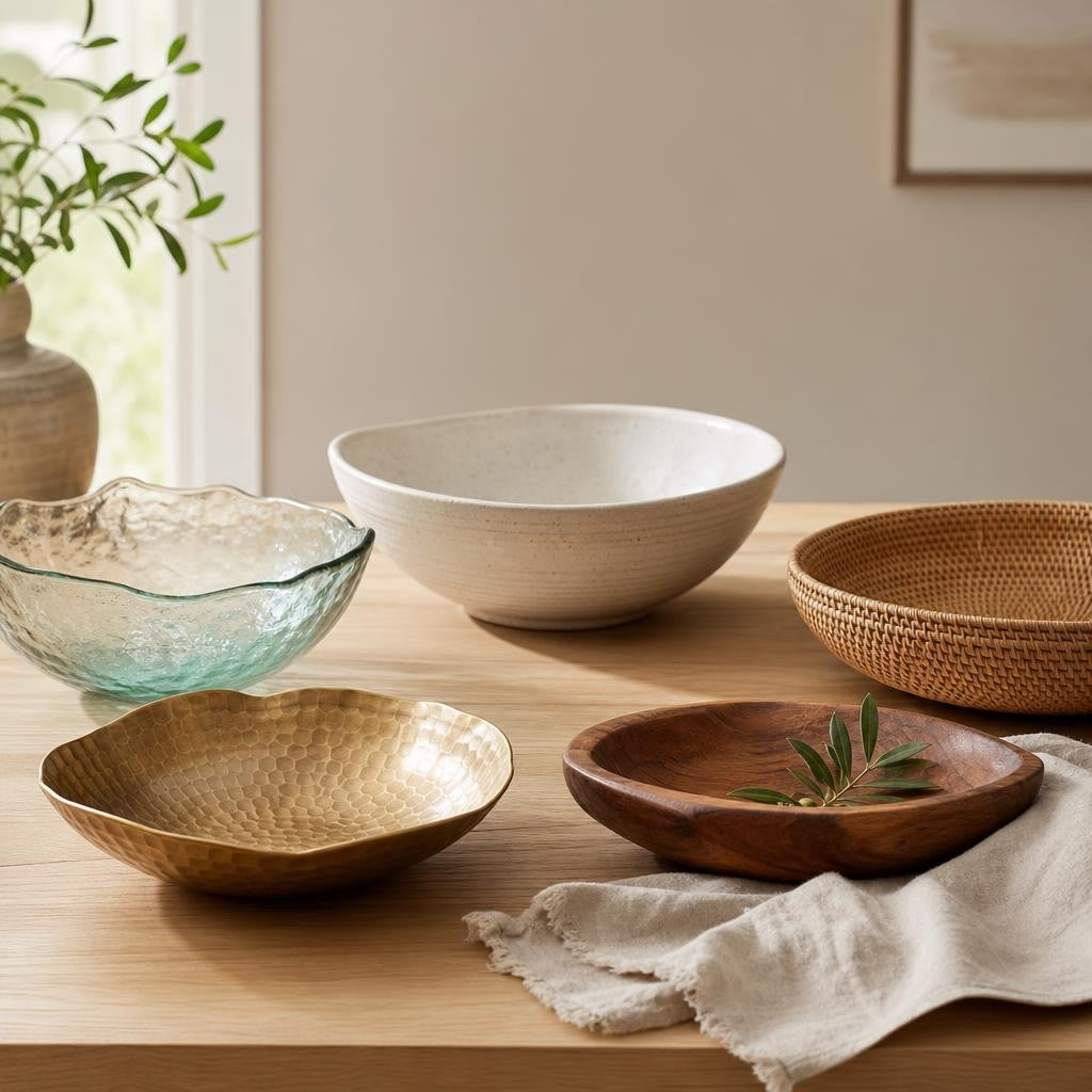 Assorted decorative bowls including wooden dough bowl, coconut shell, marble dish, and ceramic dip bowls arranged on a table.