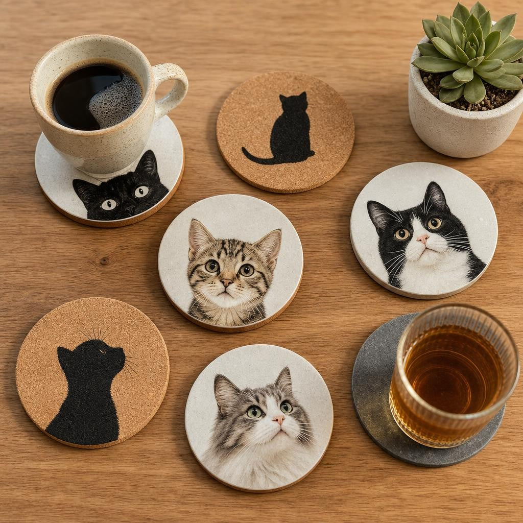 Assorted drink coasters and wooden holders displayed on a coffee table