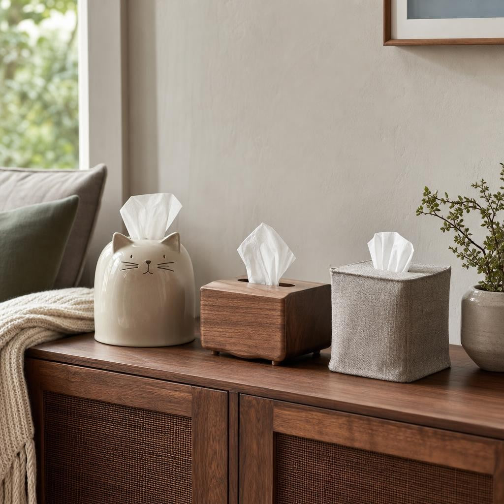 Assorted tissue holders and decorative covers on a bathroom vanity with wooden tray and wicker basket