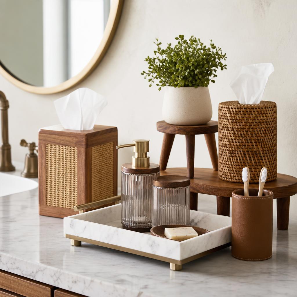Assorted bathroom counter accessories arranged on a vanity