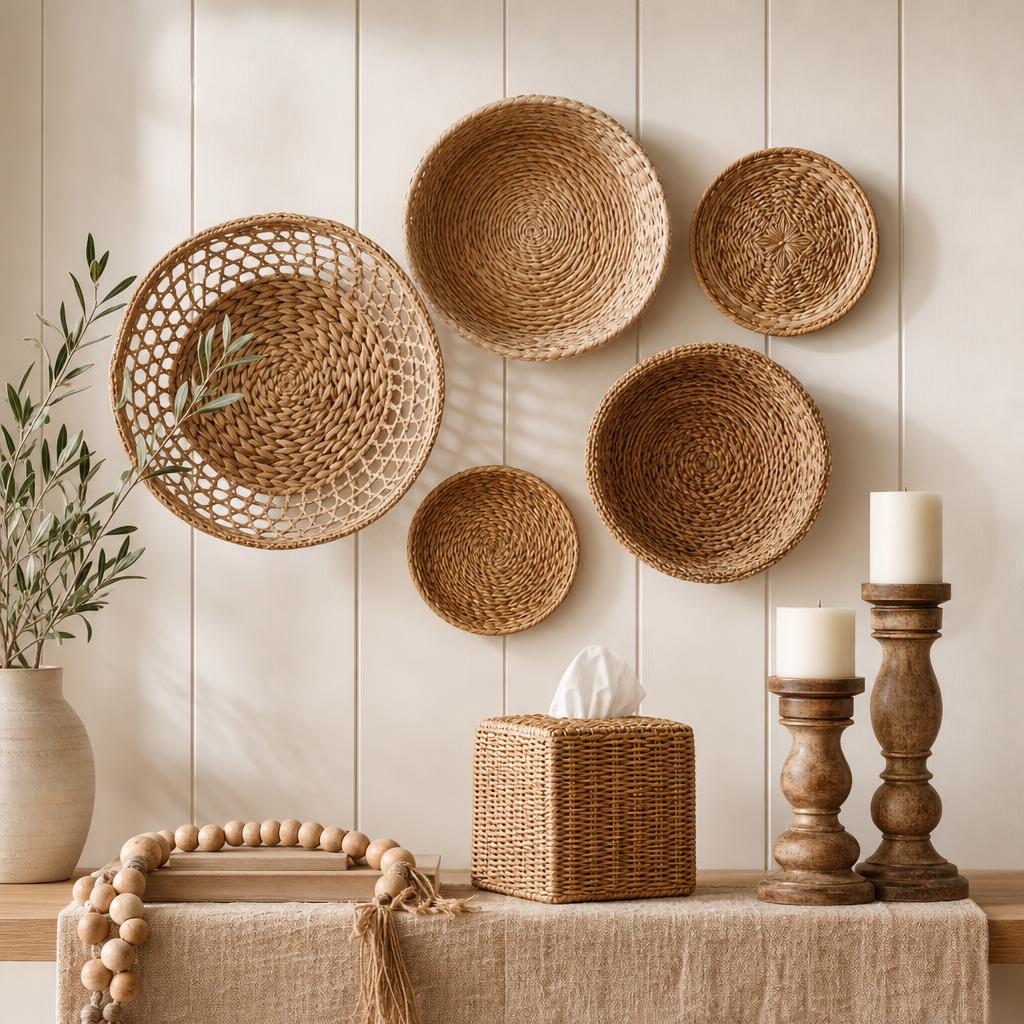 Organic Natural home decor with boucle pillows, rattan tissue box cover, glass bud vases, and marble bookends