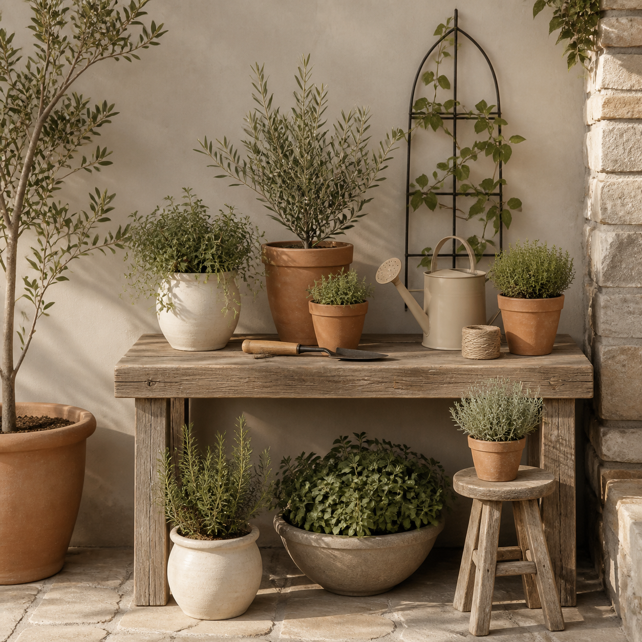 Warm small patio with planters, plant supports, watering can and compact garden tools