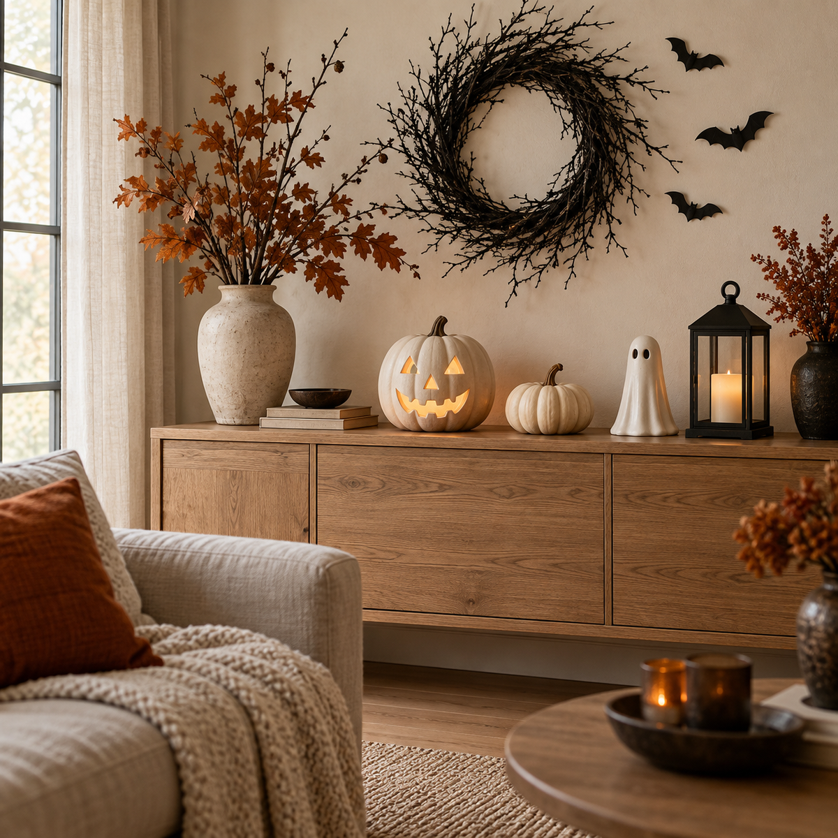 Warm Halloween living room with a black wreath, ceramic pumpkins, a ghost figurine and a lantern on an oak console