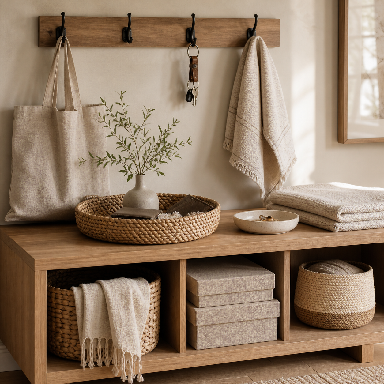 Warm organized entryway with hooks, woven basket, catchall tray and practical home essentials