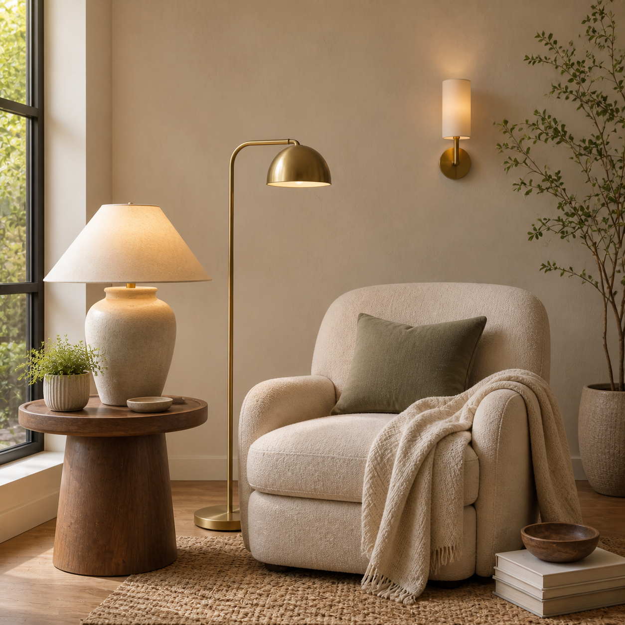 Warm modern reading corner with table lamp, floor lamp and subtle wall lighting