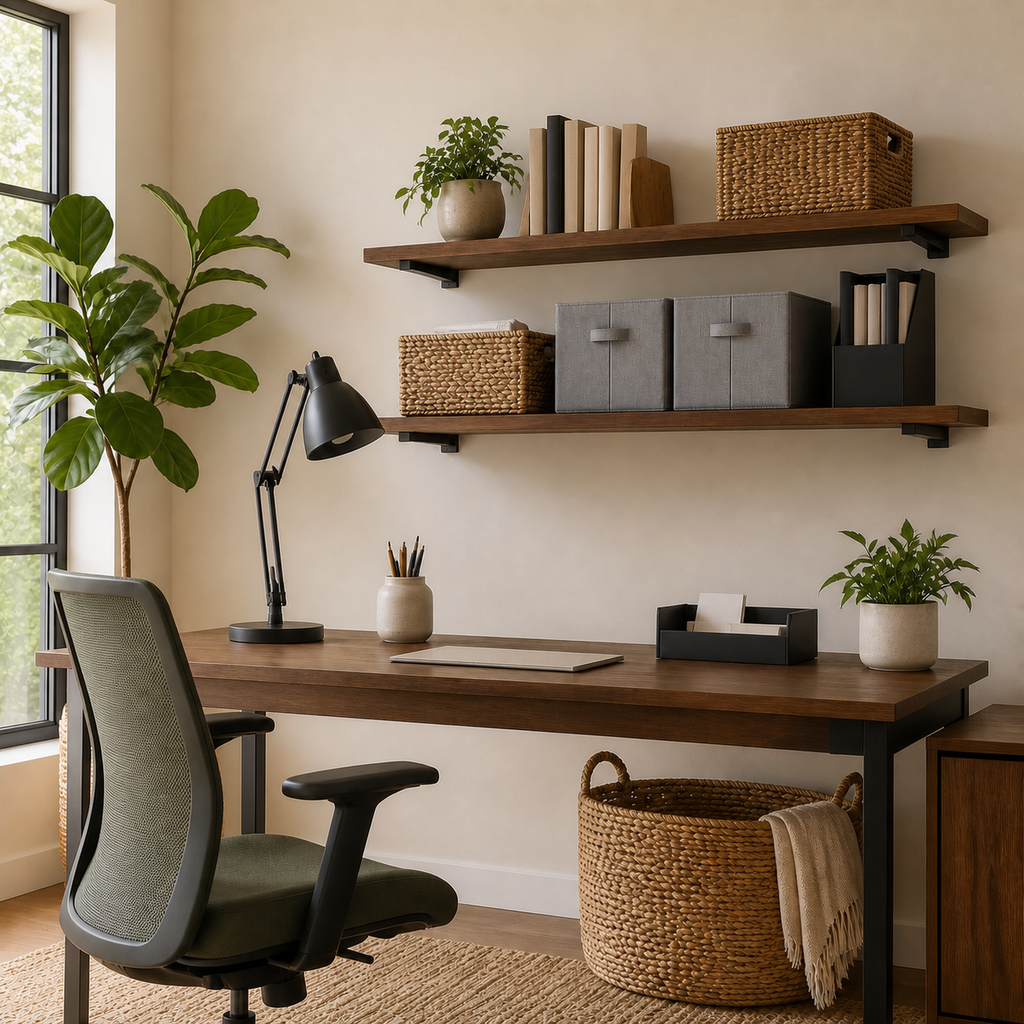 Tidy warm home office with baskets, storage bins, file organizers and desk accessories