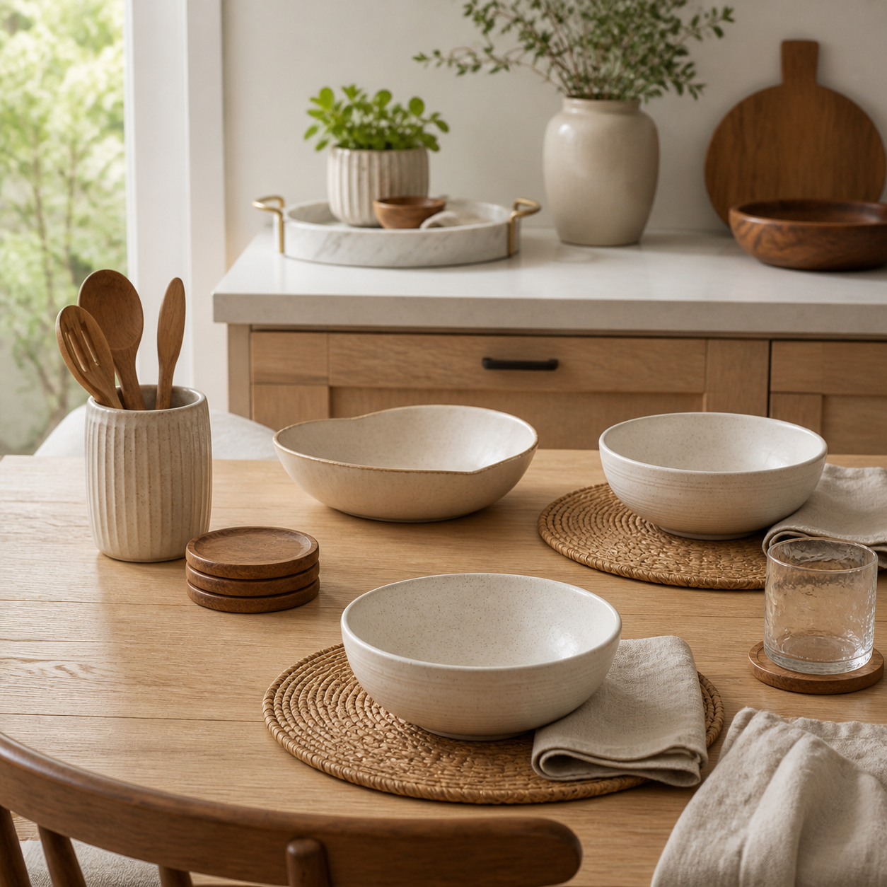 Neutral dining table styled with stoneware bowls, linens, placemats, coasters and trays