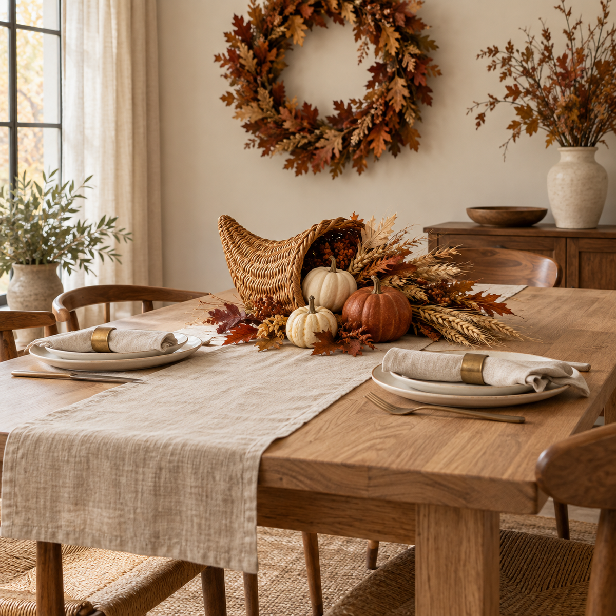 Thanksgiving oak dining table with a woven cornucopia, decorative pumpkins, dried wheat, linen napkins and an autumn wreath