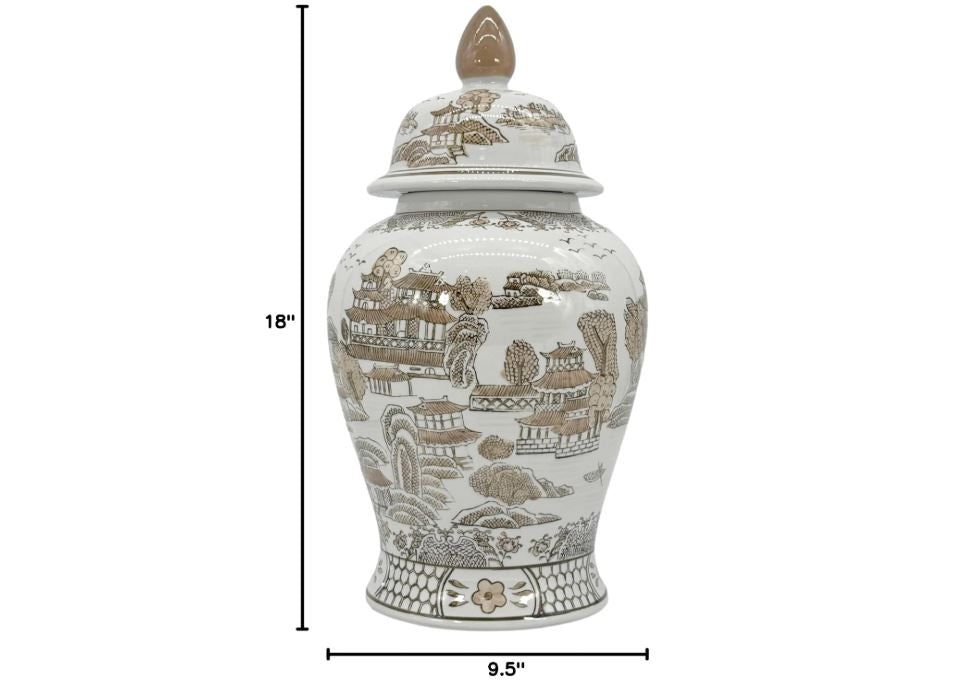 Galt International Brown & White Floral Chinoiserie Ceramic Temple Jar 18" w/Lid - Ginger Jar Home & Kitchen Decor for
