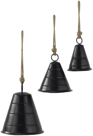 Deco 79 Black Metal Tibetan Inspired Decorative Cow Bells with Jute Hanging Rope, Set of 3 10", 8", 5"H - Wide Cone
