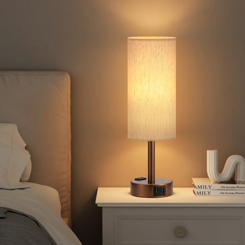 Fenmzee Brown Bedside Lamp for Bedroom, Dimmable Touch, USB A+C, AC Outlet