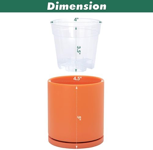D'vine Dev Double-Layer Self-Draining Planter Set – Rotating Plastic Outer Pot with Clear Inner Liner for Root Health, Perfect for Indoor Plants, 4.5", Set of 2, Pumpkin, 73-V-E-1