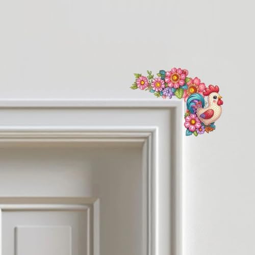 DIY Diamond Art Painting Animal Door Corner Decor, PVC Frame Signs with Flower Rooster Designs for Holiday Home, Festive Wall Hanging Gift for Family