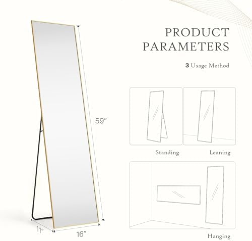 Full Length Floor Mirror, 16"x59" Body Wall Mirror with Stand