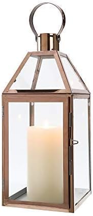 JHY Design Rose Gold Decorative Lanterns 16 inch High Stainless Steel Candle Lanterns with Tempered Glass for Indoor