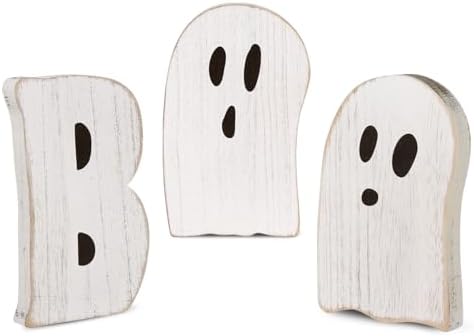 Halloween Table Decorations Indoor: 3pcs Farmhouse Halloween Cute Ghost Decorations, Mini Black White BOO Wood Plank Signs, Rustic Tiered Tray Decor Wooden Ghost Desk Office Decor for Home Kids