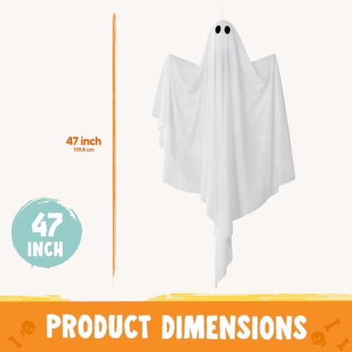 JOYIN 2 Pcs 47” Halloween Light up Hanging Ghost Decorations Outdoor, Cold White Flying Lighted Ghosts with Timer for Haunted House Prop, Front Yard Patio Party Decor Indoor Outside