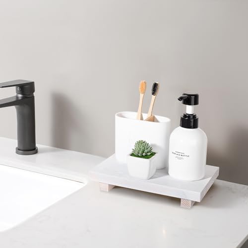Bathroom Counter Organizer Wood Pedestal Stand Farmhouse Decorative Tray Soap / White / 9 x 6 x 1.6