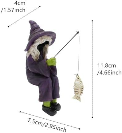 Fishing Witch Statue Funny Halloween Decorations, 4.7 Inch Sitting Witch Figurine Shelf Sitter Resin Sculpture for Outdoor Garden Yard Lawn Pond Waterfalls Pool Ornaments