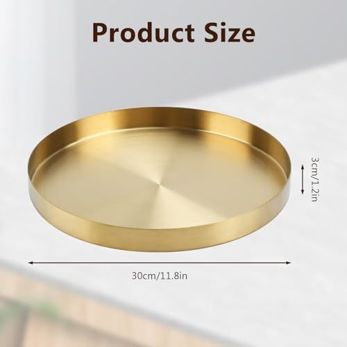 12 Inch Golden Round Platter Tray, Trays for Domestic Purposes, Stainless Steel Serving, Circle Decorative Tray, Vanity Tray for Centerpiece Home Decor
