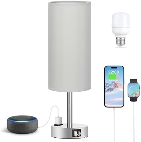 Fenmzee Grey Bedside Lamp for Bedroom, Dimmable Touch, USB A+C, AC Outlet