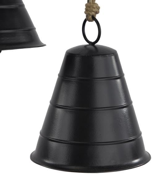 Deco 79 Black Metal Tibetan Inspired Decorative Cow Bells with Jute Hanging Rope, Set of 3 10", 8", 5"H - Wide Cone