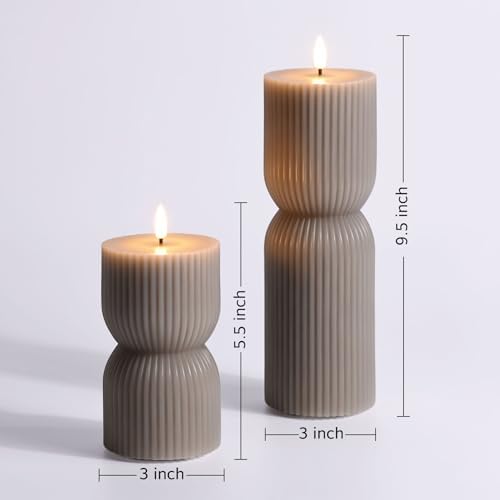 Taupe Ribbed Flameless Pillar Candles with Remote Set of 2