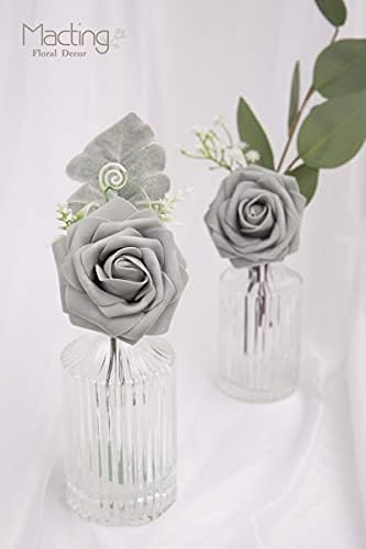 MACTING 30PCS Grey Artificial Roses with Stems, Real Touch Foam Flowers