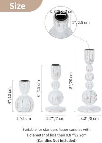 NUPTIO Wooden Taper Candle Holders, Set of 3 White Candlesticks