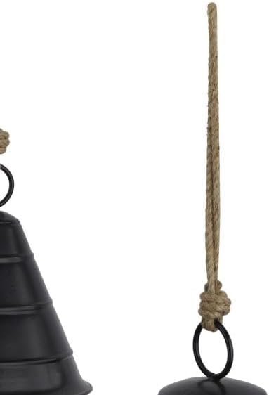 Deco 79 Black Metal Tibetan Inspired Decorative Cow Bells with Jute Hanging Rope, Set of 3 10", 8", 5"H - Wide Cone