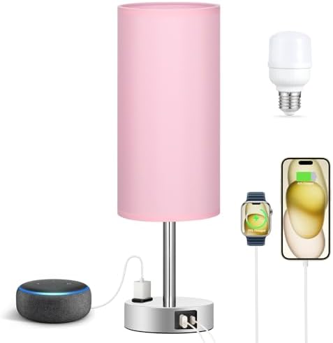 Fenmzee Pink Bedside Lamp for Bedroom, Dimmable Touch, USB A+C, AC Outlet