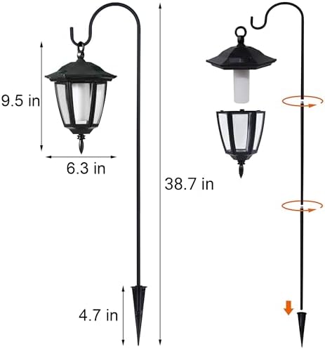 Dynaming 6 Pack Solar Flame Hanging Lights Outdoor, Halloween Solar Flickering Flame LED Garden Lanterns with 6 x 38 Inch Shepherd Hooks, Christmas Lighting for Lawn Patio Yard Pathway Driveway